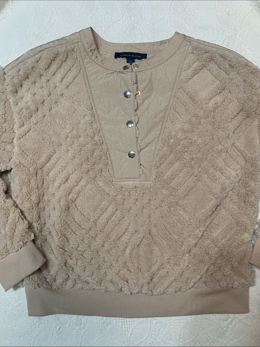 Tommy Hilfiger Taupe Sherpa Button-Front Crew Neck Sweater